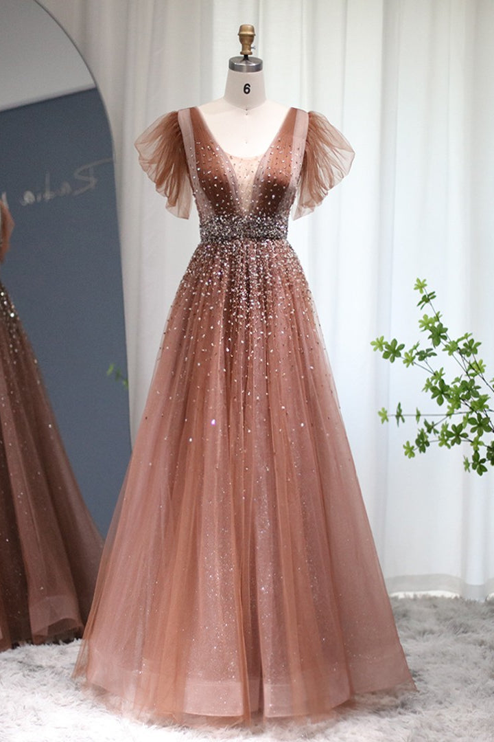 Glamorous V Neck A-Line Evening Dress with Glitter and Sequins Diamonds-Evening Dresses-BallBride