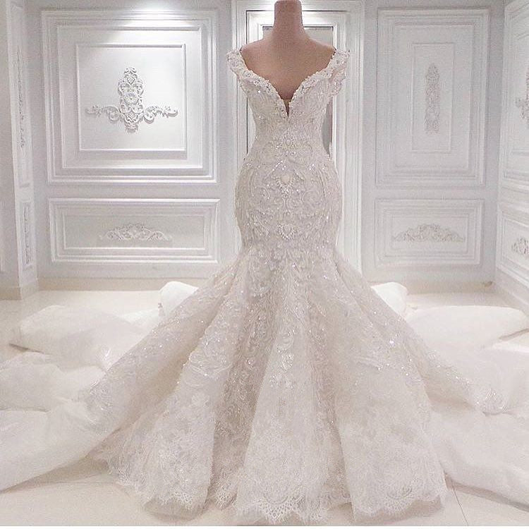 Glamorous V-Neck Mermaid Wedding Dress with Ruffles and Lace Appliques-Wedding Dresses-BallBride
