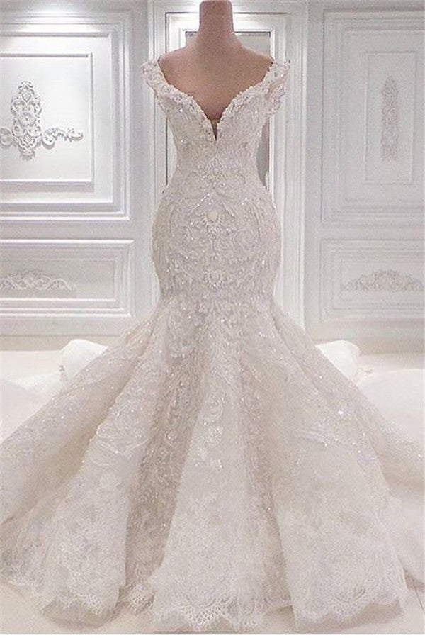 Glamorous V-Neck Mermaid Wedding Dress with Ruffles and Lace Appliques-Wedding Dresses-BallBride