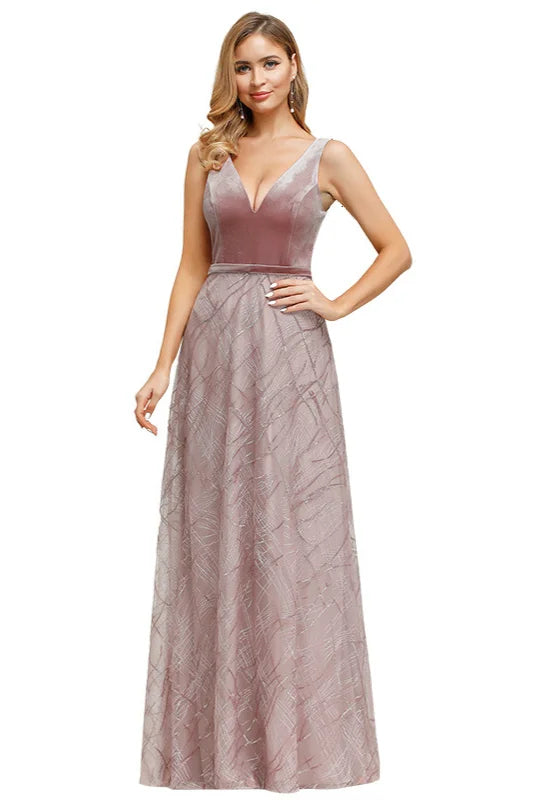 Glamorous V-Neck Velvet Top Prom Dress Long Sequins Evening Party Gowns-Occasion Dress-BallBride