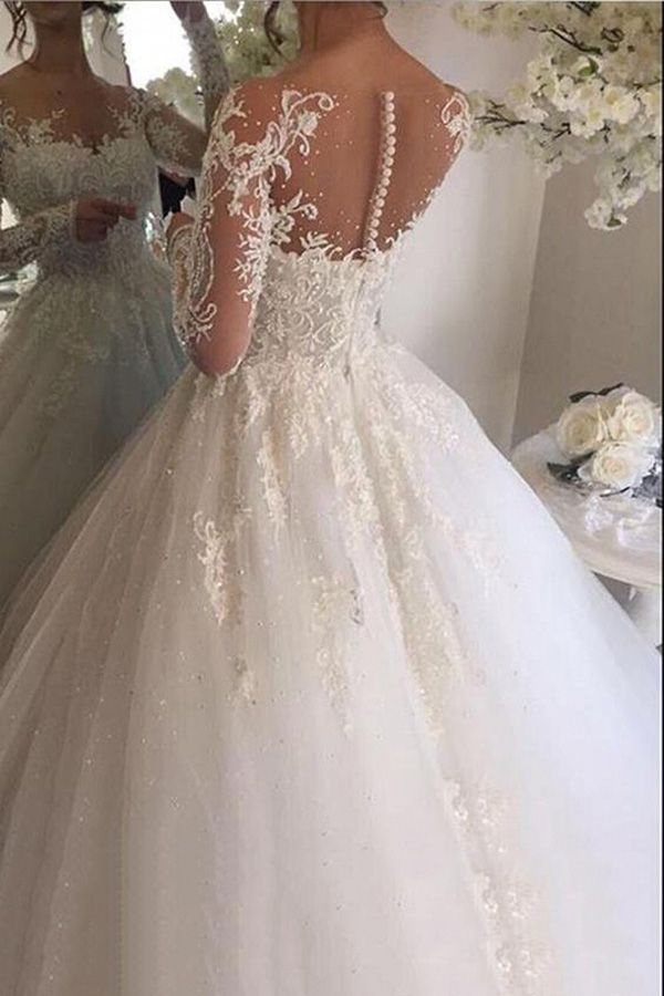 Glamorous White Long Sleeves Wedding Dress with Appliques-Wedding Dresses-BallBride