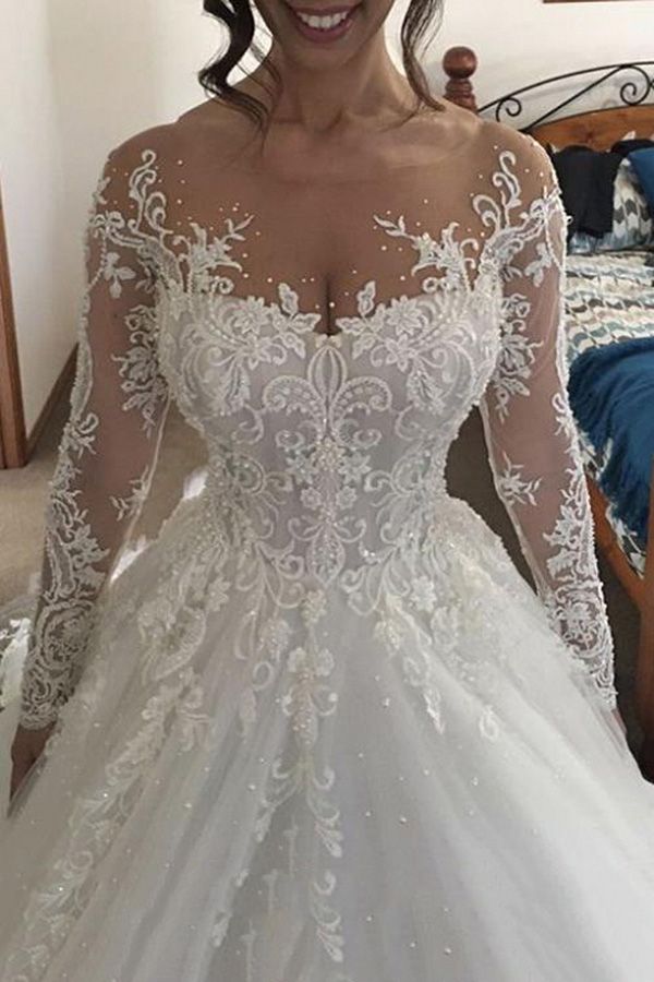 Glamorous White Long Sleeves Wedding Dress with Appliques-Wedding Dresses-BallBride
