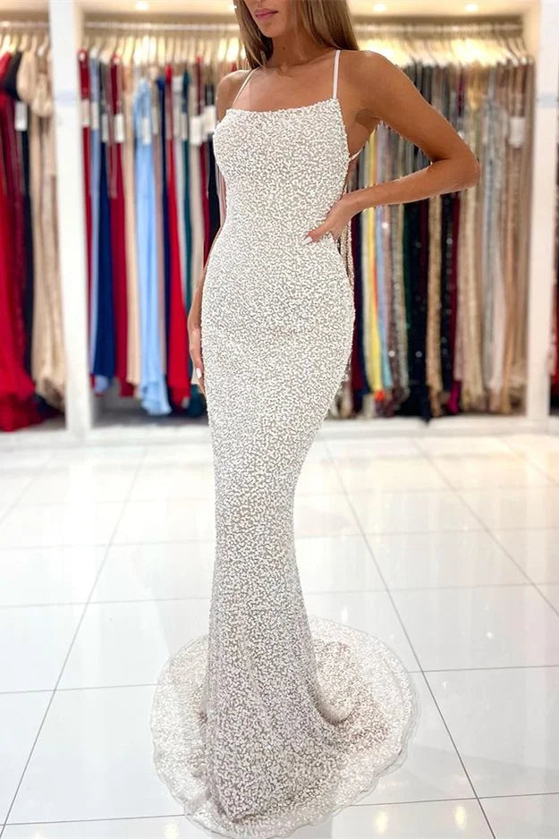 Glamorous White Spaghetti-Strals Sleeveless Mermaid Evening Dress Sequins Long-BallBride