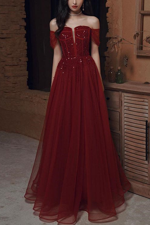 Glamorous Wine Red Off-The-Shoulder Evening Dress With Sequins Beads-Evening Dresses-BallBride