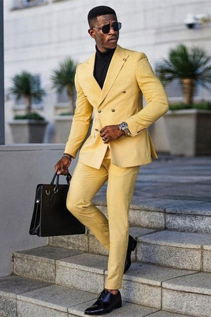 Glamorous Yellow Double Breasted Business Suit with Peaked Lapel-Prom Suits-BallBride