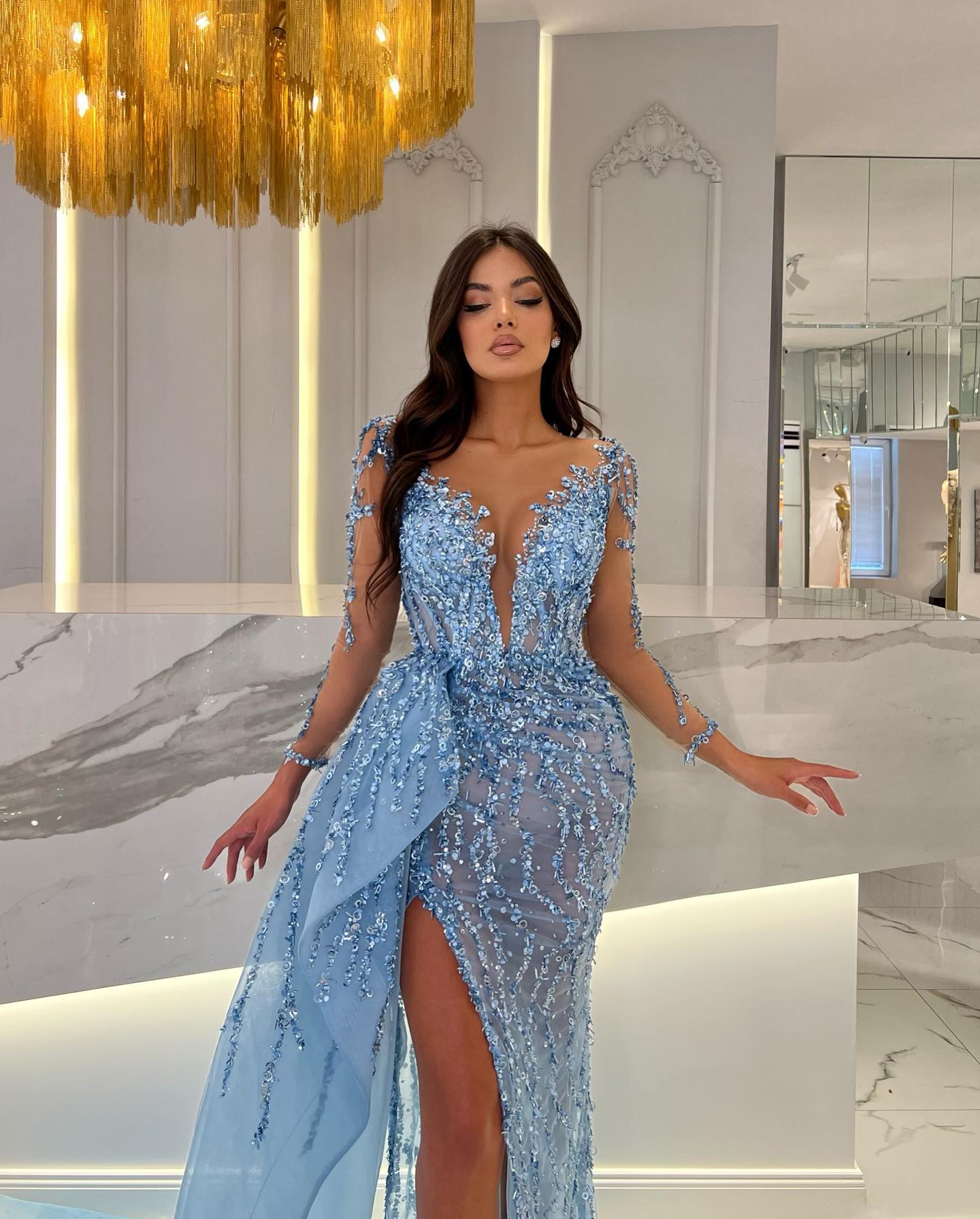 Glimmering Blue Mermaid Dress with Slit and Beaded Appliques-BallBride