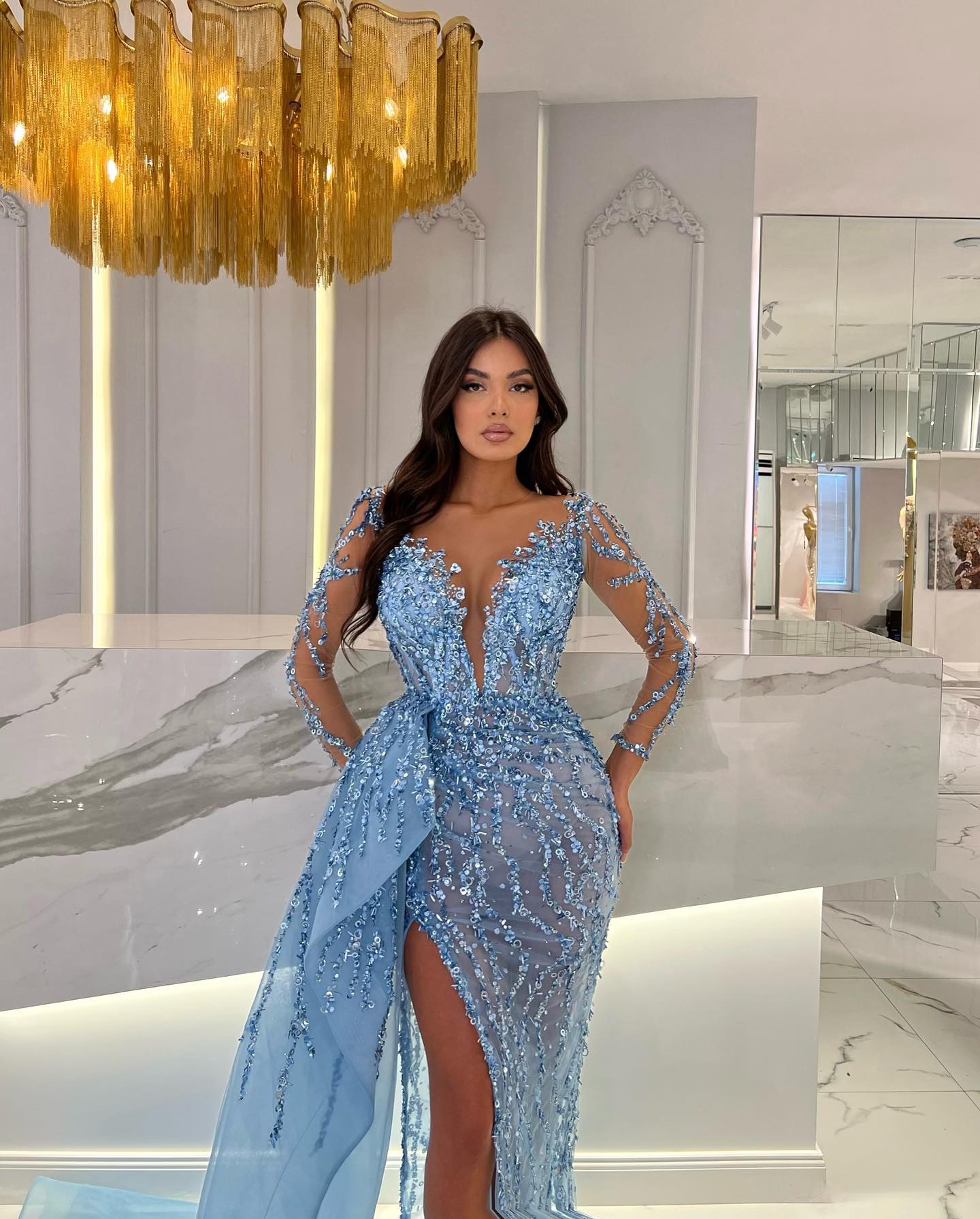 Glimmering Blue Mermaid Dress with Slit and Beaded Appliques-BallBride