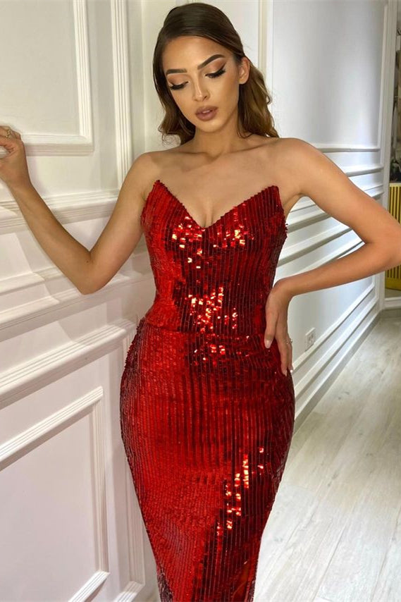 Glitter Red Mermaid Evening Dress With Split-Evening Dresses-BallBride