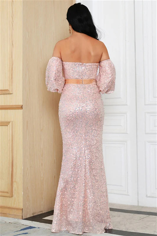 Glorious Bubble Sleeves Sequins Pink Evening Dress Mermaid Split Long-BallBride