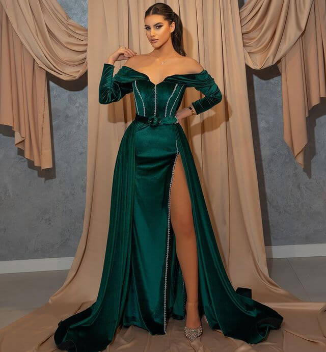 Glorious Dark Green Prom Dress - Long Sleeves Mermaid Off-the-Shoulder With Slit-Occasion Dress-BallBride