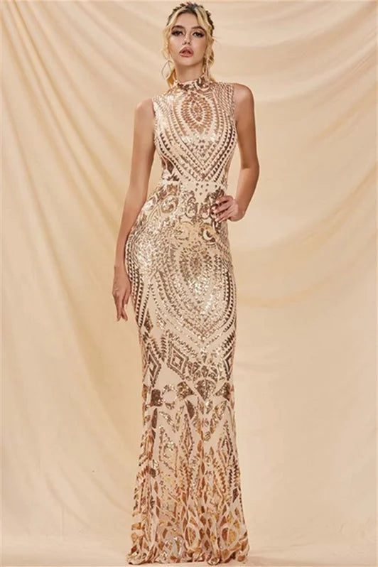 Glorious High Neck Sleeveless Sequins Evening Dress Mermaid Online-BallBride