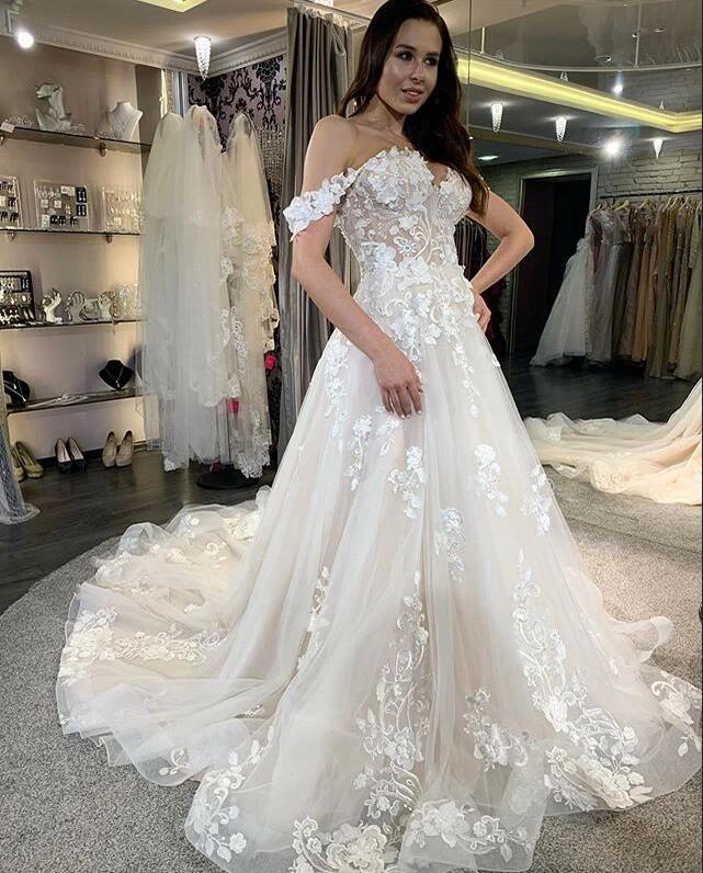 Gorgeous A-line Tulle Off-the-Shoulder Long Wedding Dress With Lace Appliques-Wedding Dresses-BallBride