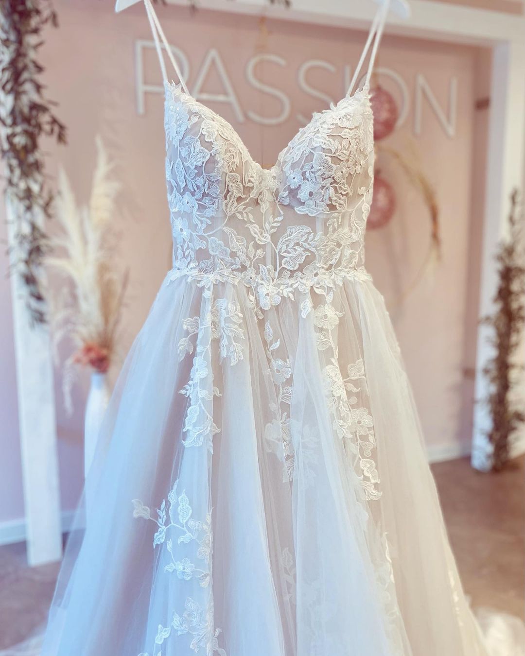 Gorgeous A-line V-neck Spaghetti-Straps Backless Long Wedding Dress with Tulle-Wedding Dresses-BallBride