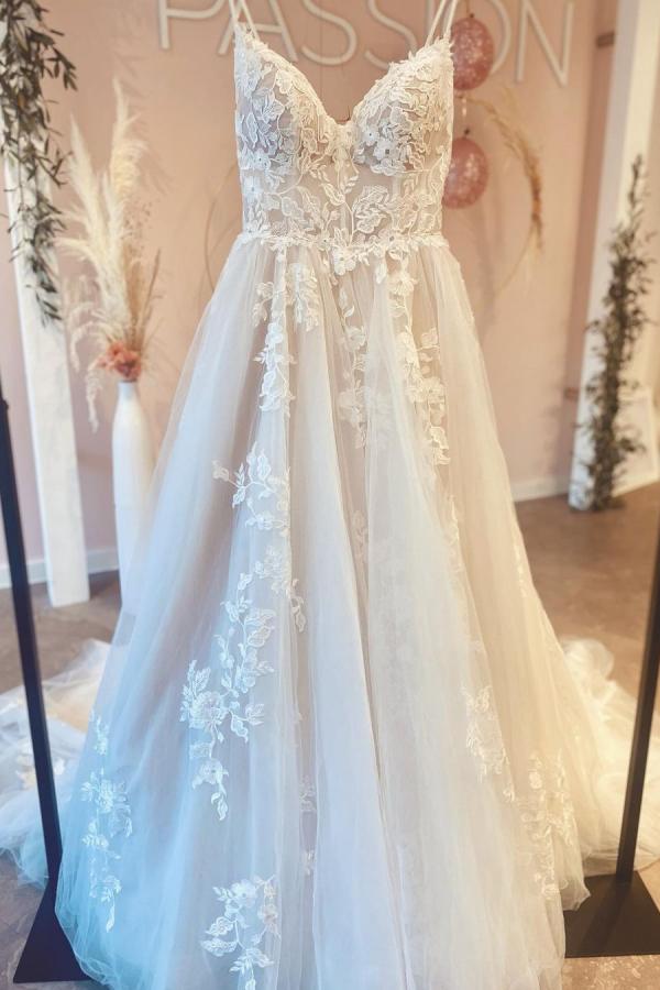Gorgeous A-line V-neck Spaghetti-Straps Backless Long Wedding Dress with Tulle-Wedding Dresses-BallBride