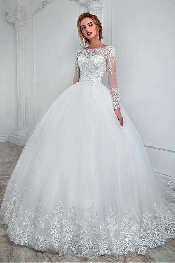 Gorgeous Ball Gown Long Sleeves Jewel Wedding Dress With Tulle Lace-Wedding Dresses-BallBride