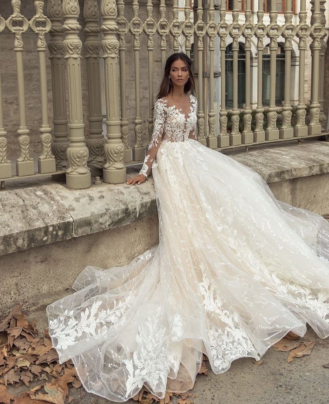 Gorgeous Bateau Long Sleeve Train A-Line Wedding Dress With Appliques Lace-Wedding Dresses-BallBride