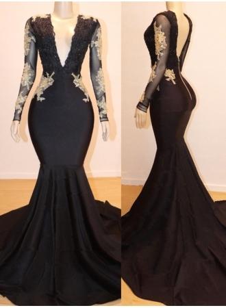 Gorgeous Black Long Sleeves Mermaid Prom Dress with Lace Appliques-Occasion Dress-BallBride