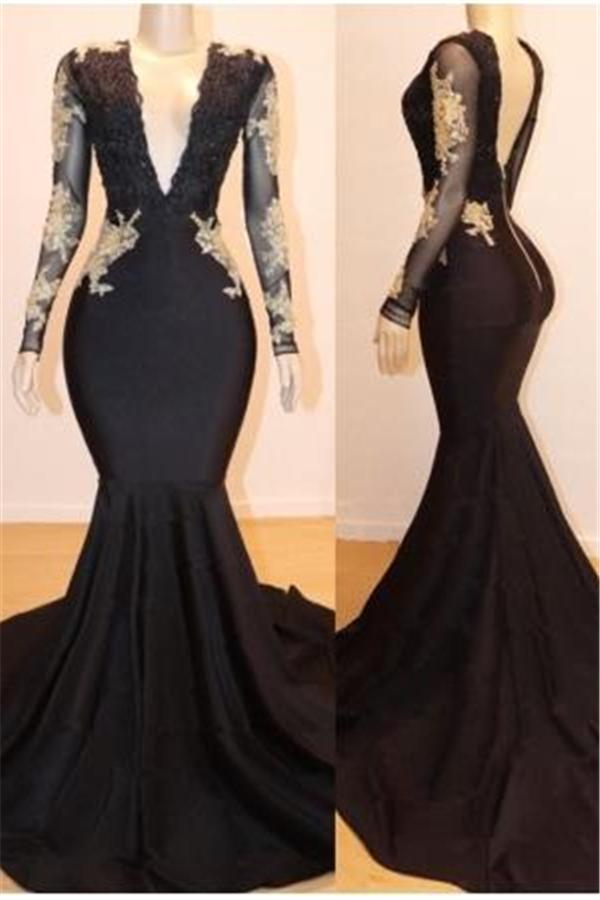 Gorgeous Black Long Sleeves Mermaid Prom Dress with Lace Appliques-Occasion Dress-BallBride