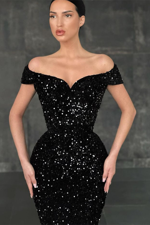 Gorgeous Black Mermaid Prom Dress with Off-the-Shoulder Sequins-Occasion Dress-BallBride
