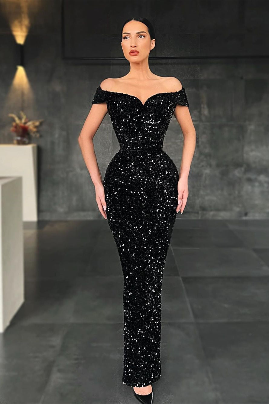 Gorgeous Black Mermaid Prom Dress with Off-the-Shoulder Sequins-Occasion Dress-BallBride