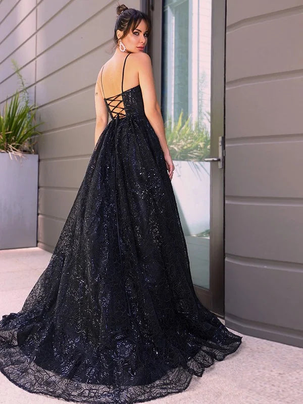 Gorgeous Black Spaghetti-Straps V-Neck Evening Dress Long Sequins-BallBride