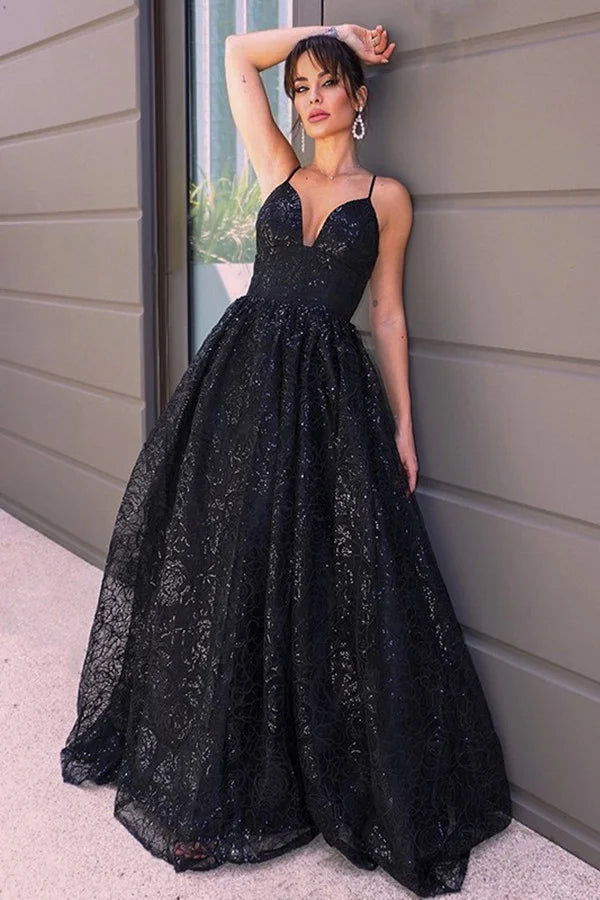 Gorgeous Black Spaghetti-Straps V-Neck Evening Dress Long Sequins-BallBride