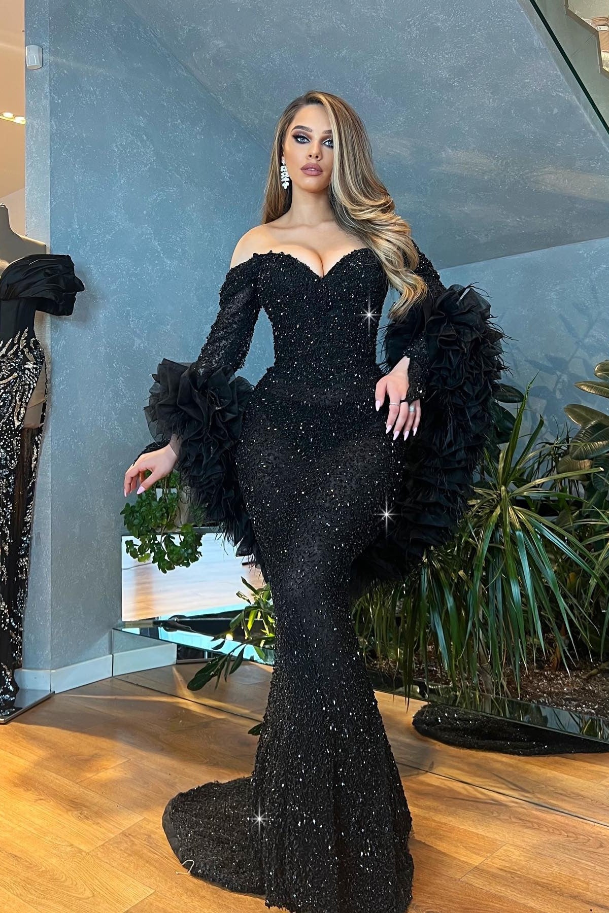 Gorgeous Black Sweetheart Long Sleeves Mermaid Prom Dress with Sequins-Occasion Dress-BallBride