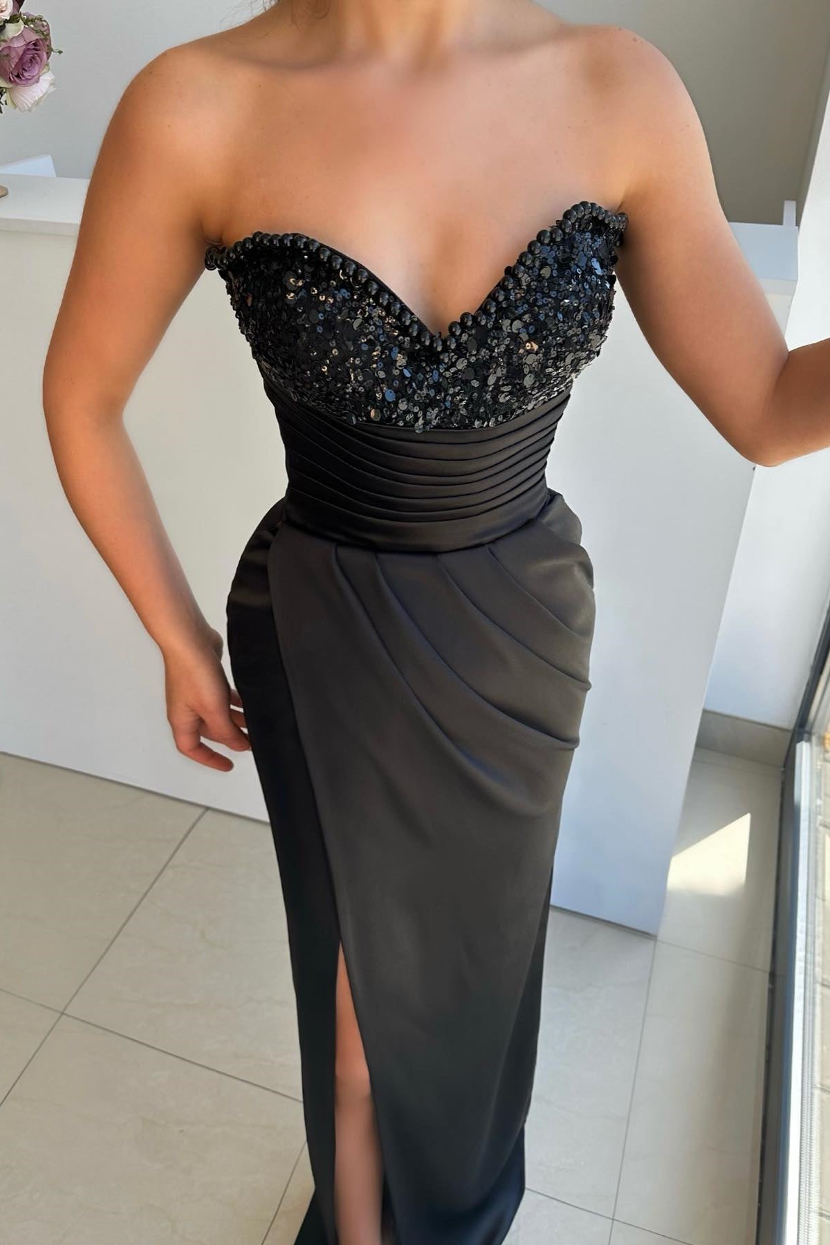 Gorgeous Black Sweetheart Prom Dress with Pleats, Pearls, and Sequins, Split-Occasion Dress-BallBride