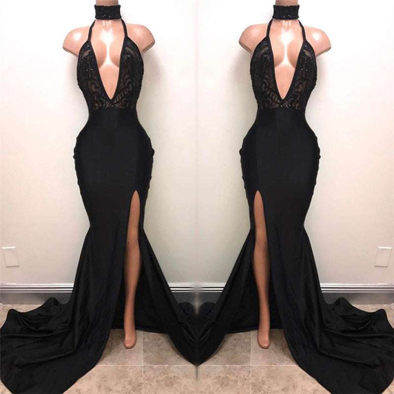 Gorgeous Black V-Neck Sleeveless Prom Dress with Mermaid Split and Sequins-Occasion Dress-BallBride