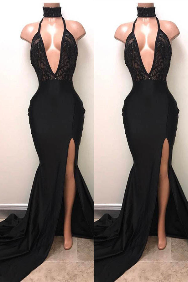 Gorgeous Black V-Neck Sleeveless Prom Dress with Mermaid Split and Sequins-Occasion Dress-BallBride