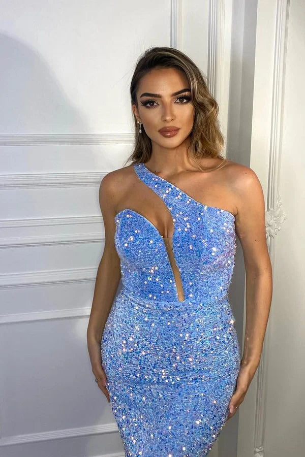 Gorgeous Blue One Shoulder Sequins Evening Dress mermaid Sleeveless With Front Slit-BallBride