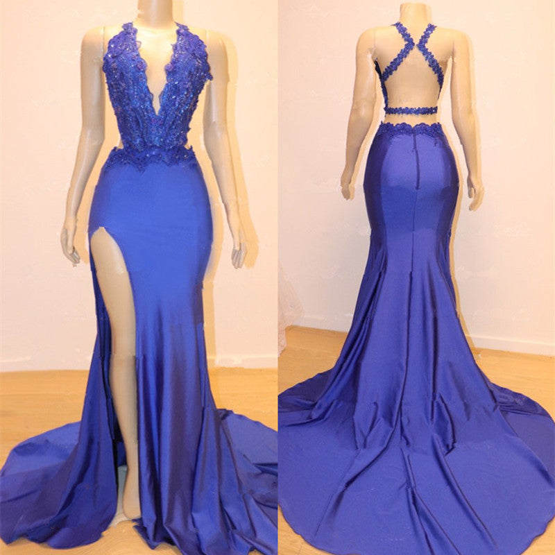 Gorgeous Blue Sleeveless Mermaid Prom Dress With V-Neck Appliques and Slit-Occasion Dress-BallBride