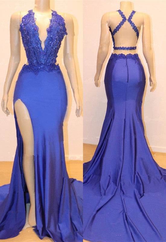 Gorgeous Blue Sleeveless Mermaid Prom Dress With V-Neck Appliques and Slit-Occasion Dress-BallBride