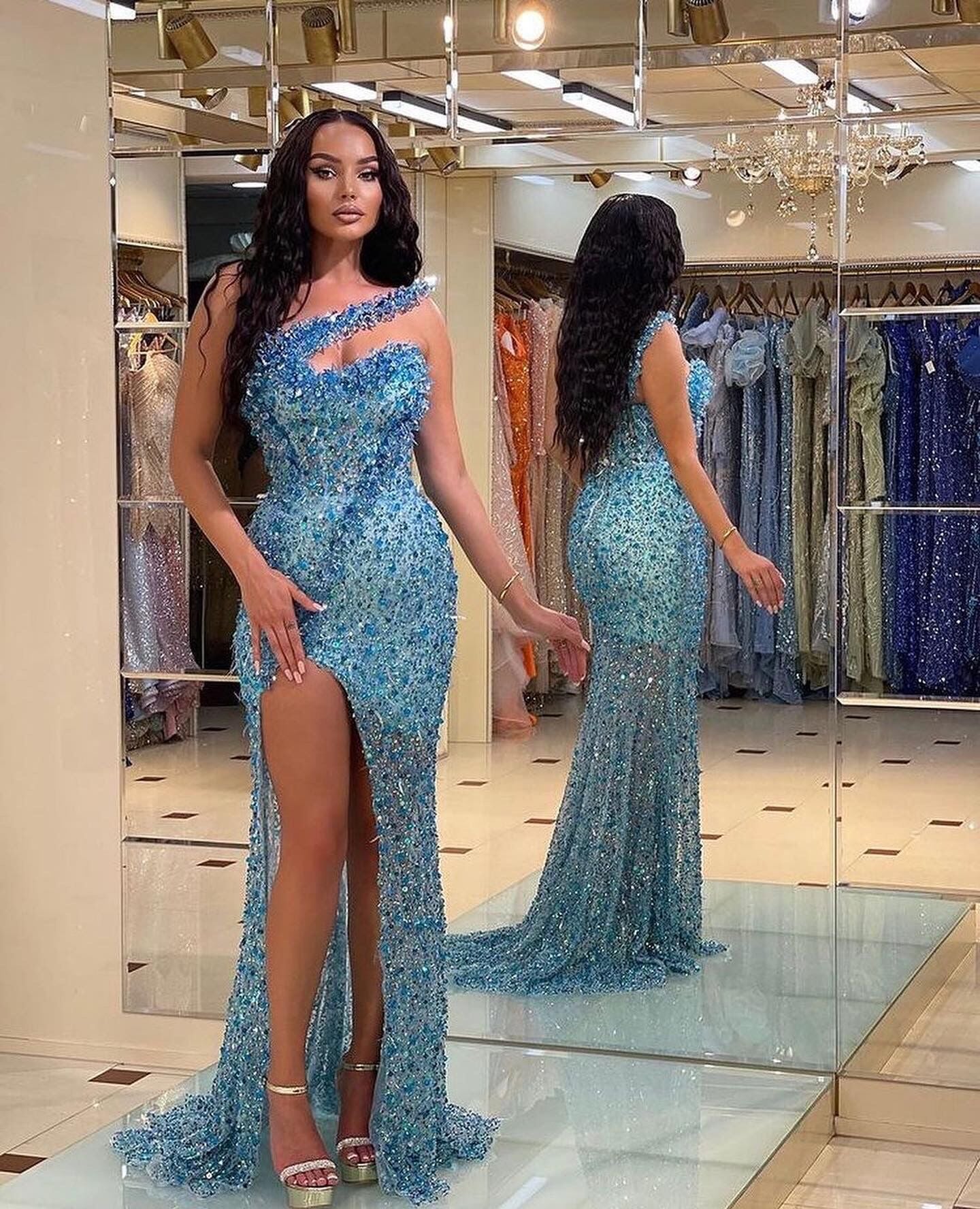 Gorgeous Blue Strapless Mermaid Prom Dress with Beadings-BallBride