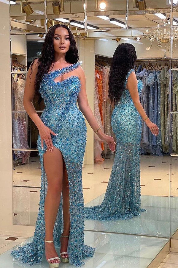 Gorgeous Blue Strapless Mermaid Prom Dress with Beadings-BallBride