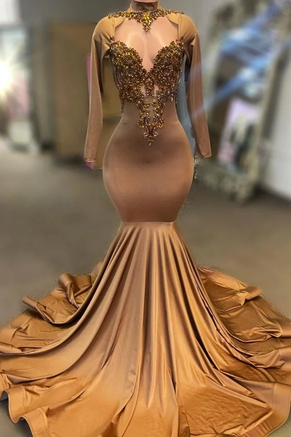 Gorgeous Brown Long Sleeves Evening Dress Mermaid High Neck With Beads-BallBride