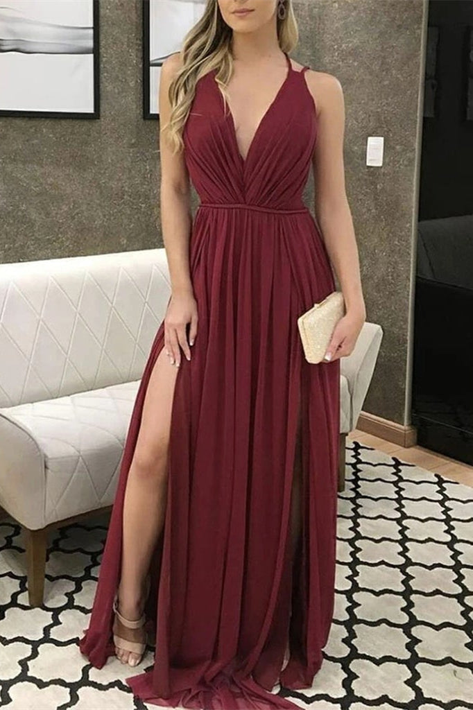 Gorgeous Burgundy Chiffon Prom Dress with V-Neck and Slit-Occasion Dress-BallBride