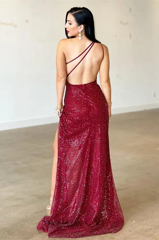 Gorgeous Burgundy One Shoulder Sequins Evening Dress Mermaid Long With Slit-BallBride