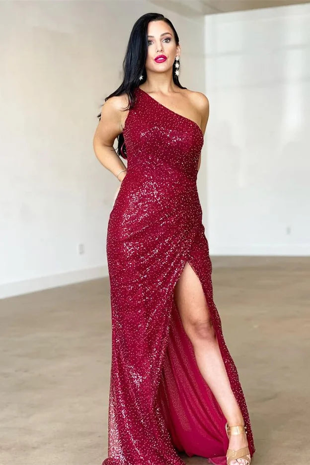 Gorgeous Burgundy One Shoulder Sequins Evening Dress Mermaid Long With Slit-BallBride