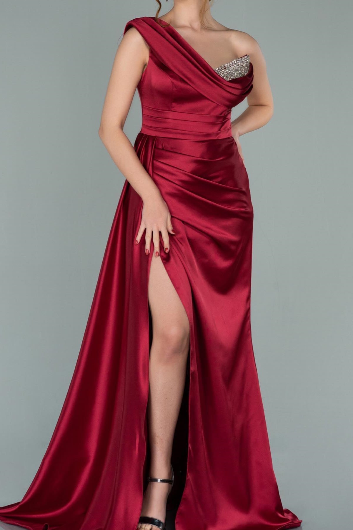 Gorgeous Burgundy One Shoulder V-Neck Slit Prom Dress With Sequins Mermaid-BallBride