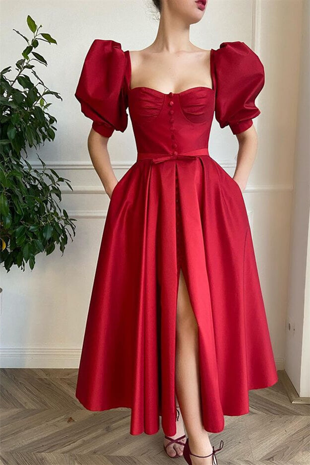 Gorgeous Burgundy Prom Dress With Bubble Sleeves & Front Split Buttons-Occasion Dress-BallBride