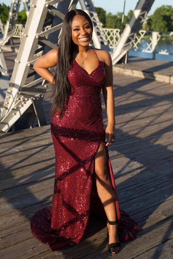 Gorgeous Burgundy Sequins Mermaid Prom Dress with Slit & Spaghetti-Straps-Occasion Dress-BallBride