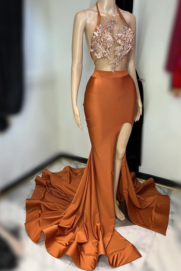 Gorgeous Burnt Orange Halter Prom Dress with Appliques and Split-Occasion Dress-BallBride