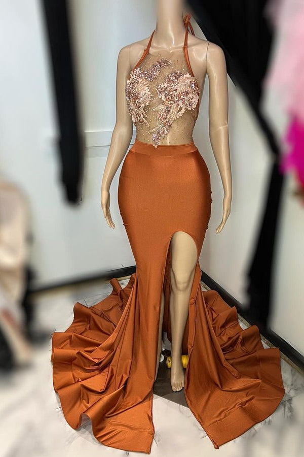 Gorgeous Burnt Orange Halter Prom Dress with Appliques and Split-Occasion Dress-BallBride