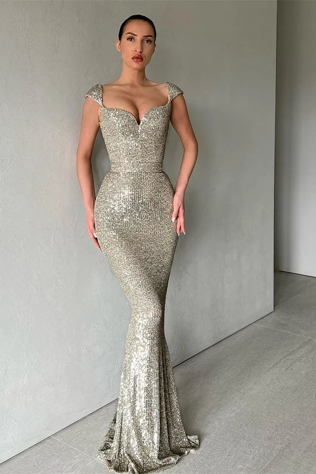 Gorgeous Cap Sleeves Sequins evening Dress Long Mermaid Party Gowns-BallBride