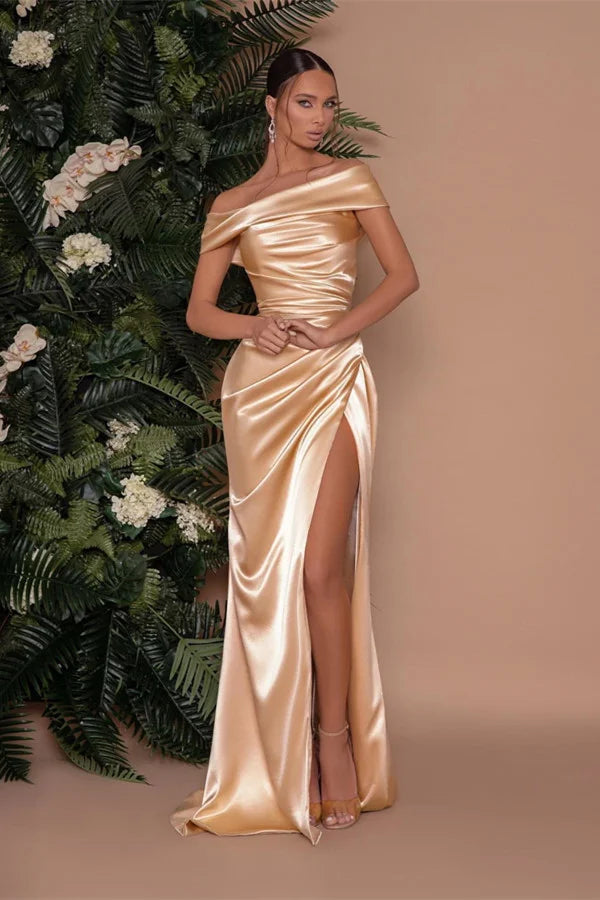 Gorgeous Champagne Gold Mermaid Evening Dress Off-the-Shoulder Split-BallBride