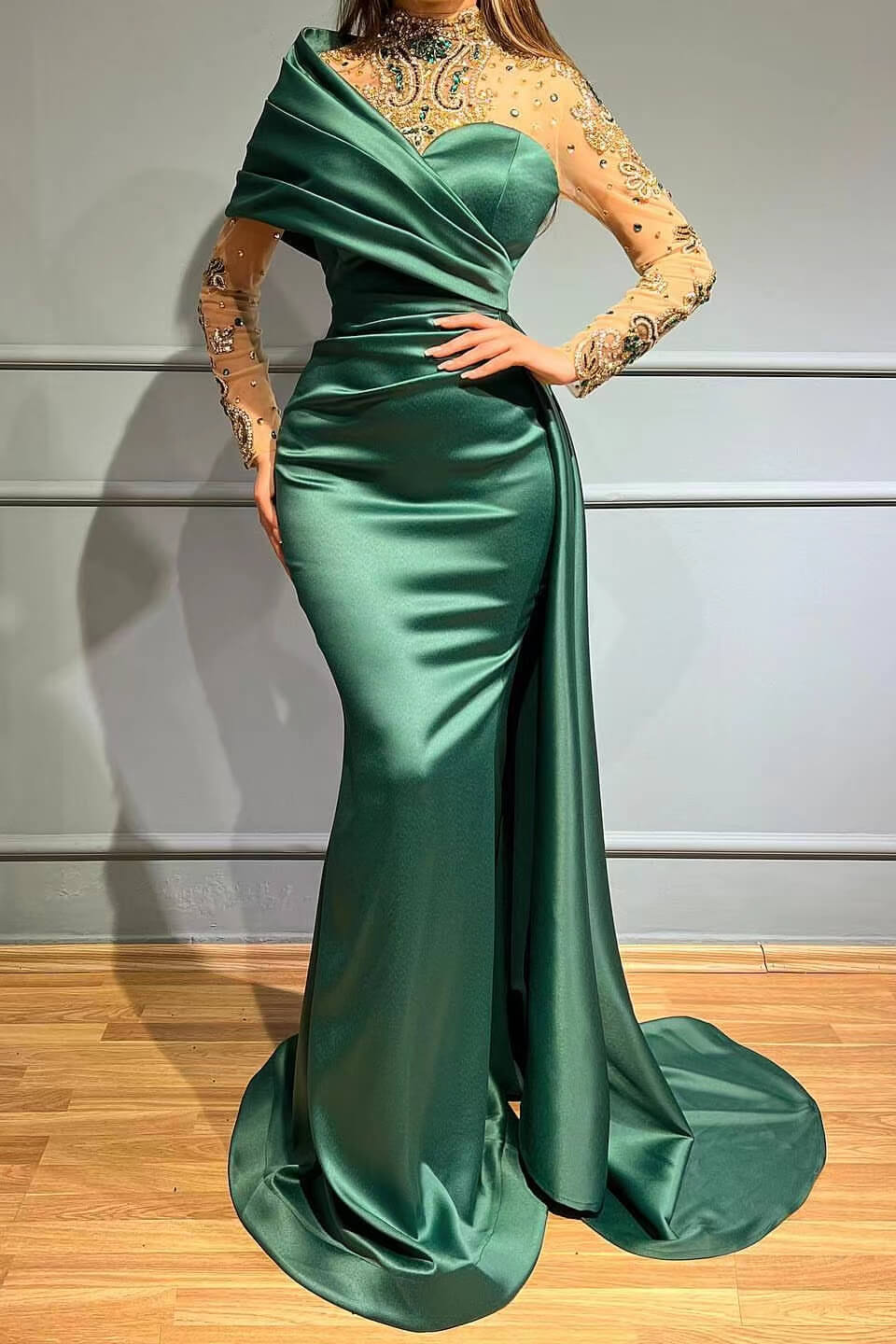 Gorgeous Crystal Mermaid Prom Dress with Ruffles & High Neck Long Sleeves-BallBride