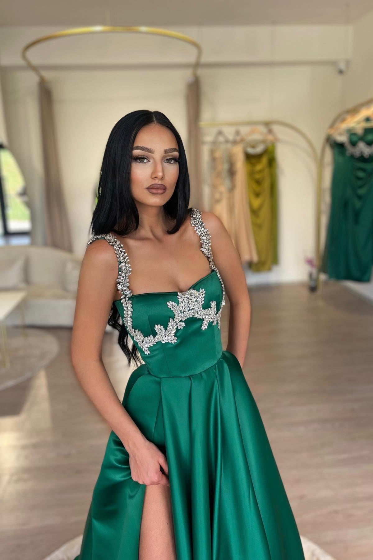 Gorgeous Dark Green Crystals A-line Prom Dress With Split-Occasion Dress-BallBride