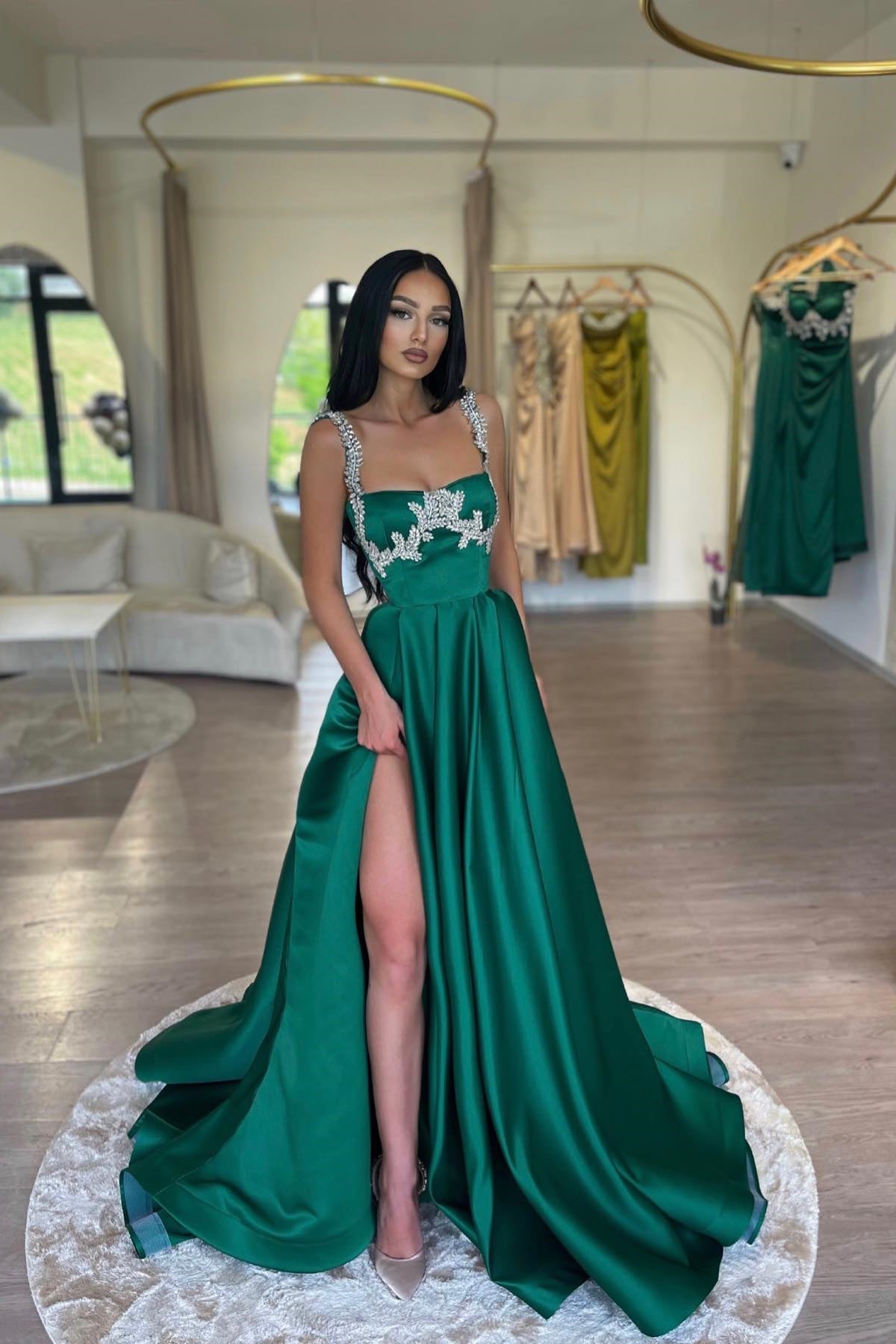 Gorgeous Dark Green Crystals A-line Prom Dress With Split-Occasion Dress-BallBride