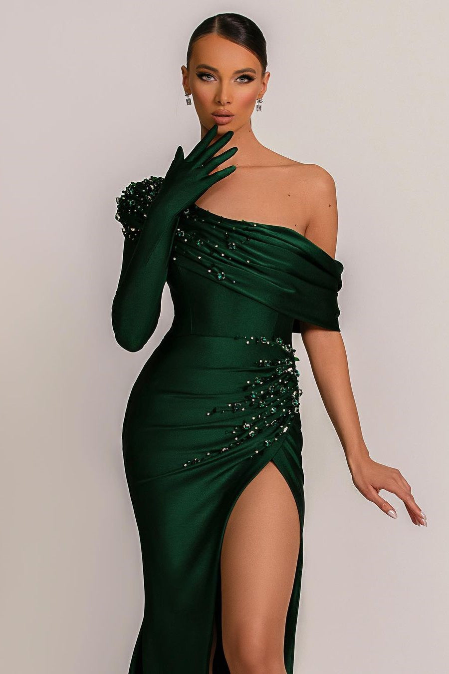 Gorgeous Dark Green Mermaid Prom Dress With One Shoulder Single Sleeve and Beadings Split-Occasion Dress-BallBride